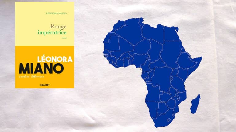 La couverture du livre de Léonora Miano, Rouge impératrice et une carte d'Afrique, en bleu.