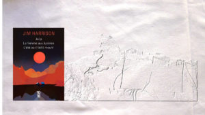 En arrière-plan, un homme au bord de l'eau, au premier plan, la couverture du livre de Jim Harrisson, Julip, La femme aux lucioles