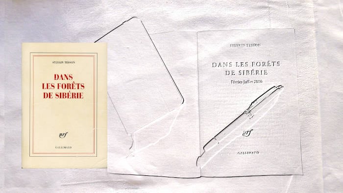 Couverture du livre de Sylvain Tesson avec un arrière plan, le livre ouvert et un stylo