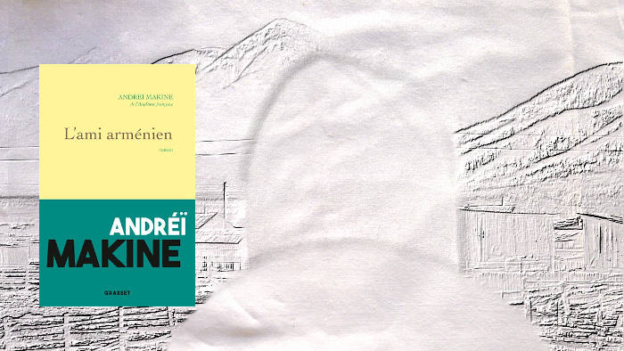 En arrière-plan, quelqu'un regarde un paysage de Sibérie, au premier plan, la couverture du livre d'Andréï Makine, L'ami arménien