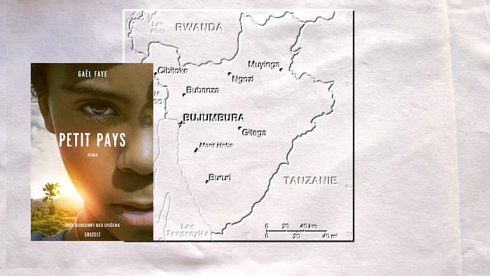 Carte du Burundi et couverture du livre de Gaël Faye, Petit pays