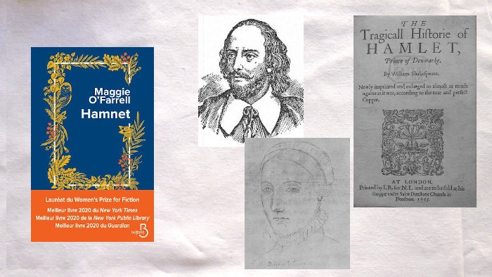 Couverture du livre de Maggie O'Farrell, Hamnet, Portaits de Shakespeare et de son épouse, couverture de la pièce de théâtre Hamnet