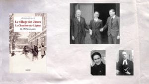 En haut, les pasteurs Trocmé, Darciassac et Theiss, en bas à droite Martha et André Trocmé, en bas à gauche, la couverture du livre d'Emmanuel Deun, Le village des Justes