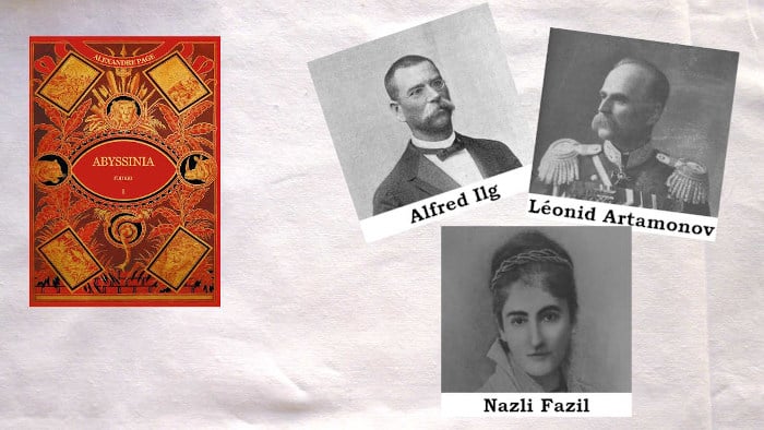 Couverture du livre d'Alexandre page, Abyssinia, Photos de trois personnes qui apparaissent dans le livre, Alfred Ilg, Léonid Artamonov et Nazli Fazil