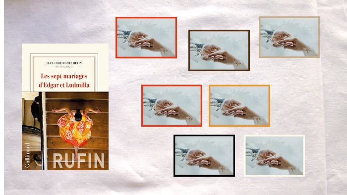 A l'arrière-plan, 7 photos de mains qui se joignent, au premier plan, la couverture du livre de Jean-Christophe Rufin, Les sept mariages d'Edgar et Ludmilla