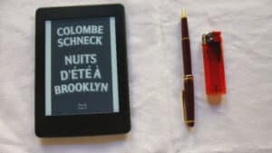 Stylo, briquet et liseuse avec le livre de Colombe Schneck, Nuits d'été à Brooklyn