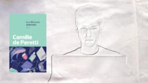 En arrière plan, un jeune homme et un ordinateur, au premier plan, la couverture du livre de Camille de Peretti, Les rêveurs définitifs