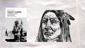 Croquis de Crazy fait par un missionnaire mormon et couverture du livre de Mari Sandoz, Crazy Horse