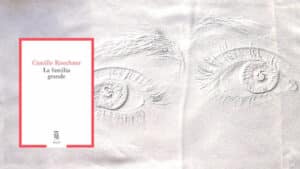 En arrière-plan, deux yeux, au premier plan la couverture du livre de Camille Kouchner, La Familia grande