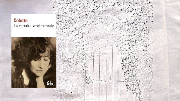 En arrière-plan; fenêtre provençal fermé sous du lierre, au premier plan, la couverture du livre de Colette, La retraite sentimentale