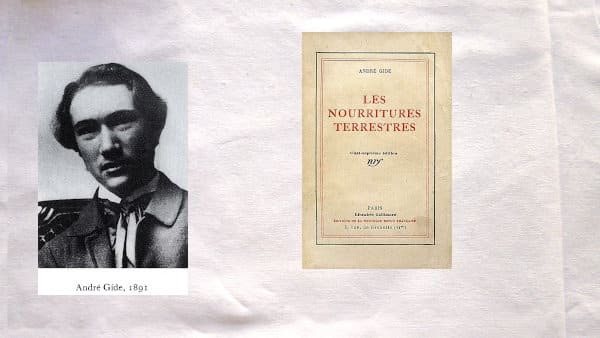 Portrait d'André Gide (1891) et couverture du livre, Les nourritures terrestres
