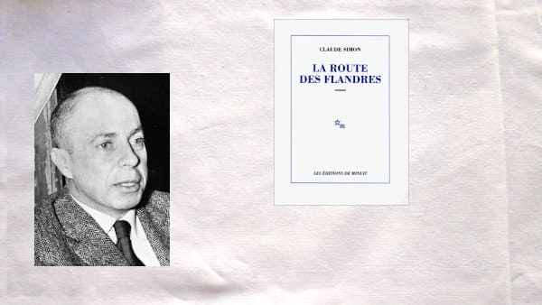 Portrait de Claude Simon et couverture du livre, La route des Flandres