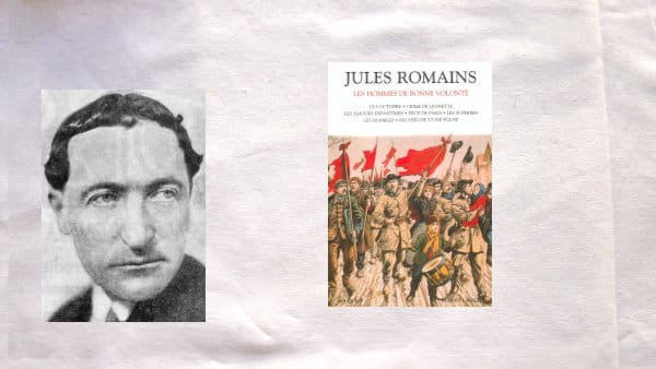 Portrait de Jules Romains (1927) et couverture de son livre, Les hommes de bonne volonté