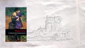 A l'arrière-plan, une château en Ecosse, au premier plan, la couverture du livre de Walter Scott, La fiancée de Lammermoor