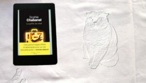 En arrière-plan, un chat et au premier plan, une liseuse avec la couverture du livre de Sophie Chabanel, La griffe du chat.