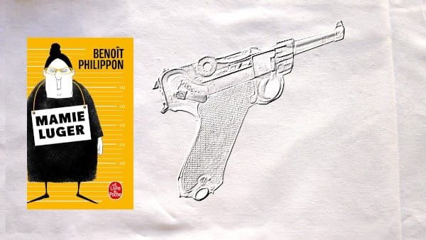 A l'arrière-plan, un pistolet Luger, au premier plan, la couverture du livre de Benoît Philippon