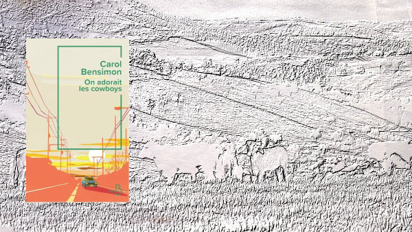 A l'arrière-plan, paysage brésilien avec des vaches, au premier plan, couverture du livre de Carol Bensimon, On adorait les cowboys