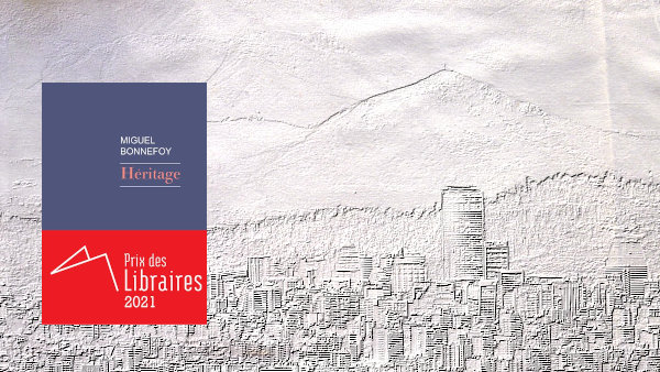 Santiago du Chili en arrière-plan, au premier plan, couverture du livre de Miguel Bonnefoy, Héritage