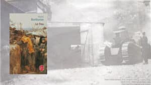 A l'arrière-plan, des soldats et un char, au premier plan, la couverture du livre d'Henri Barbusse, Le feu