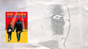 A l'arrière-plan, un homme masqué, au premier plan la couverture du livre de Benoit Philippon, Petiote