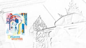 A l'arrière plan, une main qui dessine et au premier plan, la couverture de l'album d'Alexandre Clérisse, Feuilles volantes