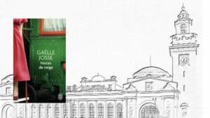 A l'arrière-plan, une gare de Moscou, au premier plan, la couverture du livre de Gaëlle Josse, Noces de neige