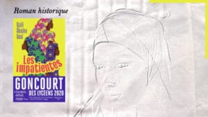 Une femme africaine à l'arrière plan, la couverture du livre de Djaïli Amadou Amal au premier plan, Les impatientes