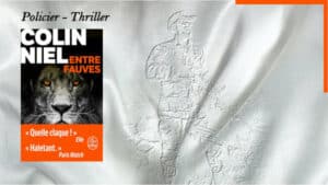 A l'arrière plan, un chasseur, au premier plan, la couverture du livre de Colin Niel, Entre Fauves