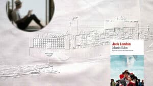 En arrière-plan, un port et au premier plan, la couverture du livre de Jack London, Martin Eden