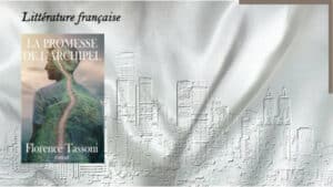 A l'arrière-plan, photo de Jakarta, au premier plan, la couverture du livre de Florence Tassoni, La promesse de l'archipel
