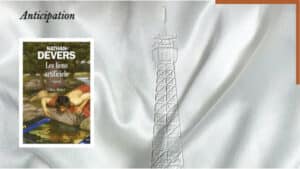 A l'arrière-plan, le haut de la Tour Eiffel, au premier plan, la couverture du livre de Nathan Devers, Les liens artificiels