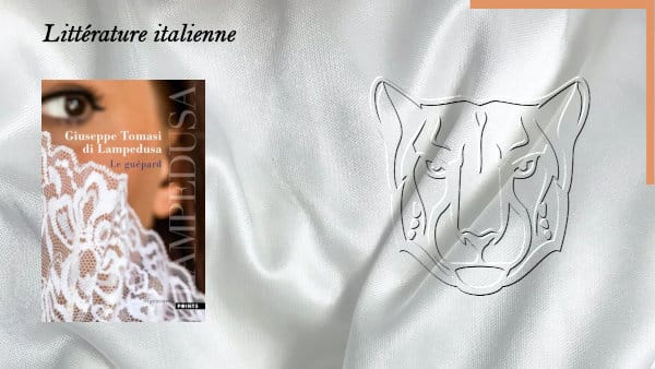 En arrière plan, une tête de guépard stylisé et au premier plan, la couverture du livre de Giuseppe Tomasi di Lampedusa, Le guépard