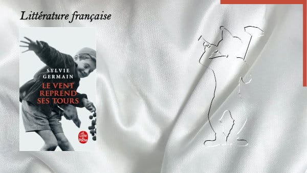 En arrière-plan, un saltimbanque et au premier plan, la couverture du livre de Sylvie Germain, Le vent reprend ses tours.