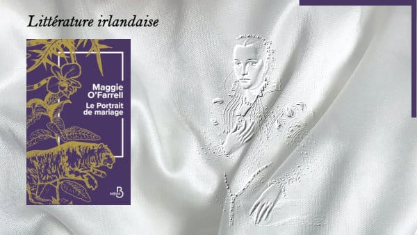 En arrière-plan, le portrait de Lucrèce de Médicis, au premier plan, la couverture du livre de Maggie O'Farrell, Le portrait de mariage