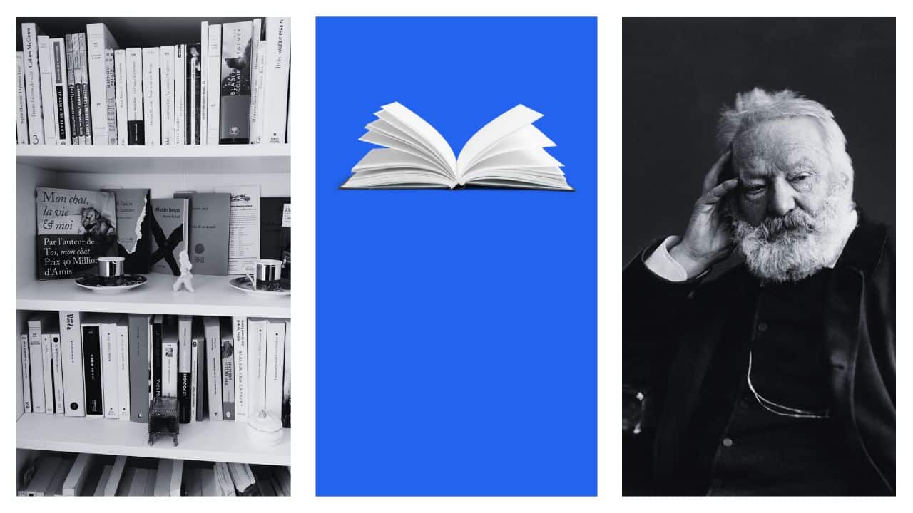 Photos d'une bibliothèque, d'un livre et de Victor Hugo pour l'accueil du blog littéraire