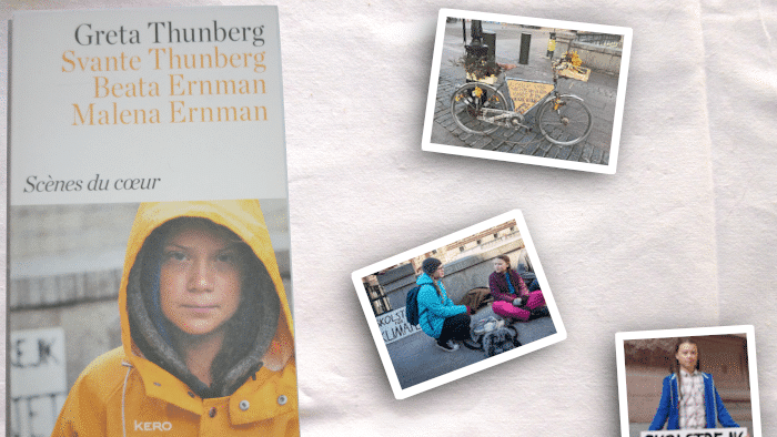 En arrière-plan des photos de Greta et au premier plan, le livre de Greta Thunberg, Scènes du cœur