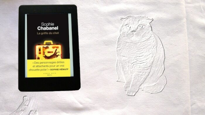 En arrière plan, un gros chat et au premier plan, la couverture du livre de Sophie Chabanel, La griffe du chat