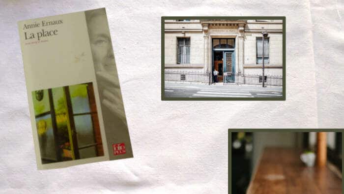 Livre d'Annie Ernaux, La place avec une photo de l'Université et d'un café.