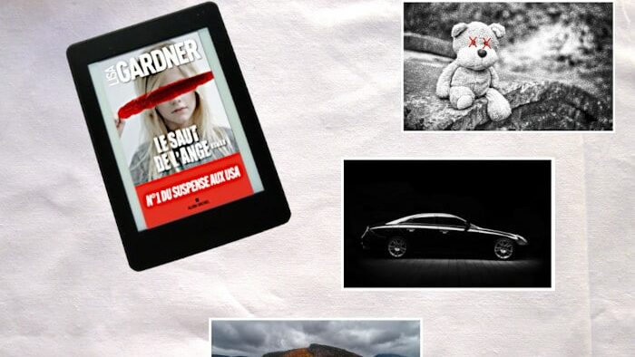 Liseuse avec la couverture du livre de Tessa Léoni ; Photos d'un ours en peluche avec des X sur les yeux, d'une voiture et d'un paysage