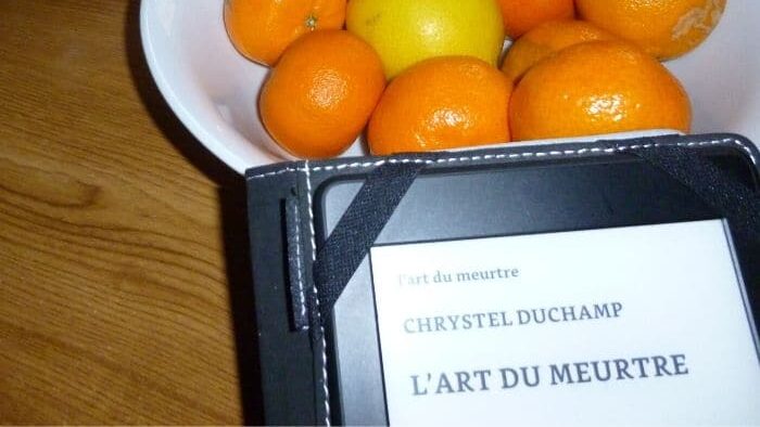 Des mandarines et une liseuse avec en couverture, le livre de Chrystel Duchamp, L'Art du meurtre.
