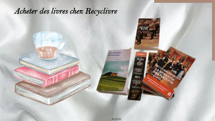 Dessin d'une piles de livres. A côté, des livres achetés sur Recyclivre