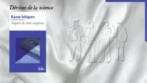 Quatre adolescents en arrière-plan et la couverture du livre de Kazuo Ishiguro, Auprès de moi toujours