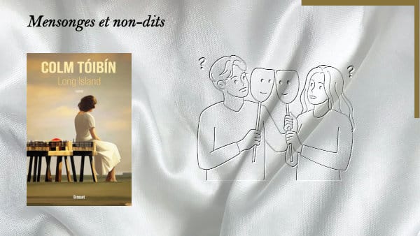 En arrière-plan, un couple avec des masques. Au premier plan, la couverture du livre de Colm Tóibín, Long Island