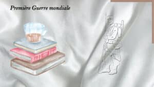 Une pile de livre et en arrière-plan, la silhouette d'un soldat de la première guerre mondiale