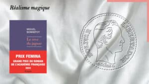 En arrière-plan, une pièce de monnaie vénézuélienne et au premier plan, la couverture du livre de Miguel Bonnefoy, Le rêve du Jaguar