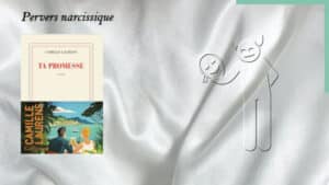 Avis Ces orages-là — Sandrine Collette 10 En arrière-plan, un démon qui tient un masque souriant et au premier plan, la couverture du livre de Camille Laurens, Ta promesse