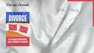 En arrière-plan, une feuille de papier et un cœur déchirés et eu premier plan, la couverture du livre de Moa Herngren, Divorce