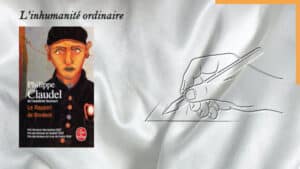 En arrière-plan, une main écrit et au premier plan; la coouverture du livre de Philippe Claudel, Le rapport de Brodeck