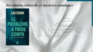 En arrière-plan, trois planètes et au premier plan, la couverture du livre de Liu Cixin, Le mystère à trois corps