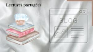 En arrière-plan, une image de blog de conseils de lecture et au premier plan, une pile de livres